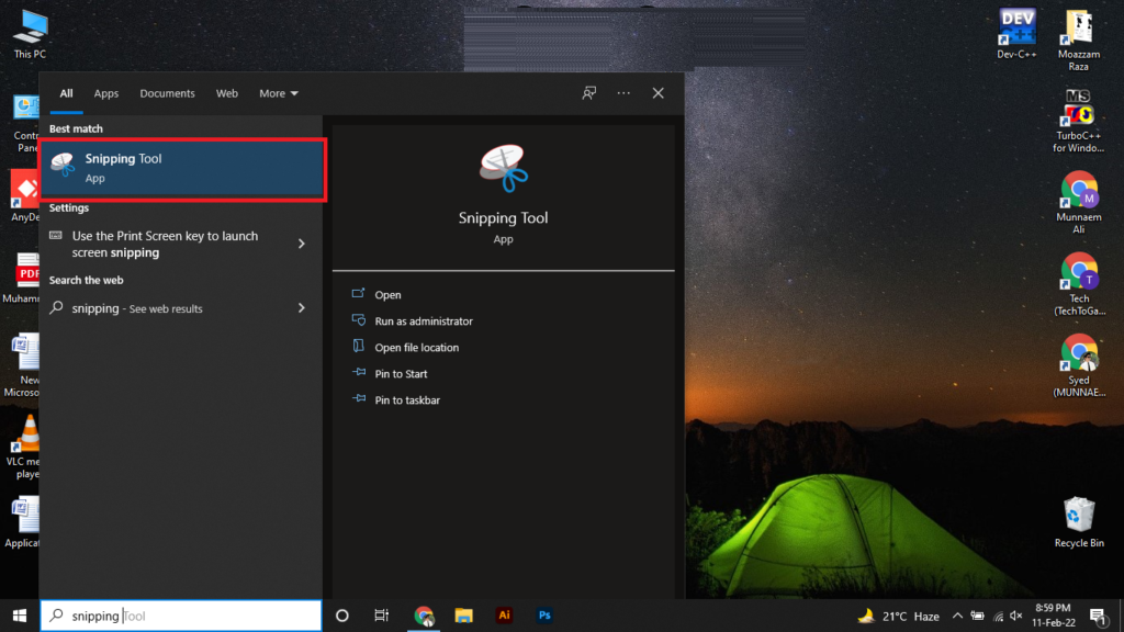 how to screenshot on acer laptop by Using Snipping Tool